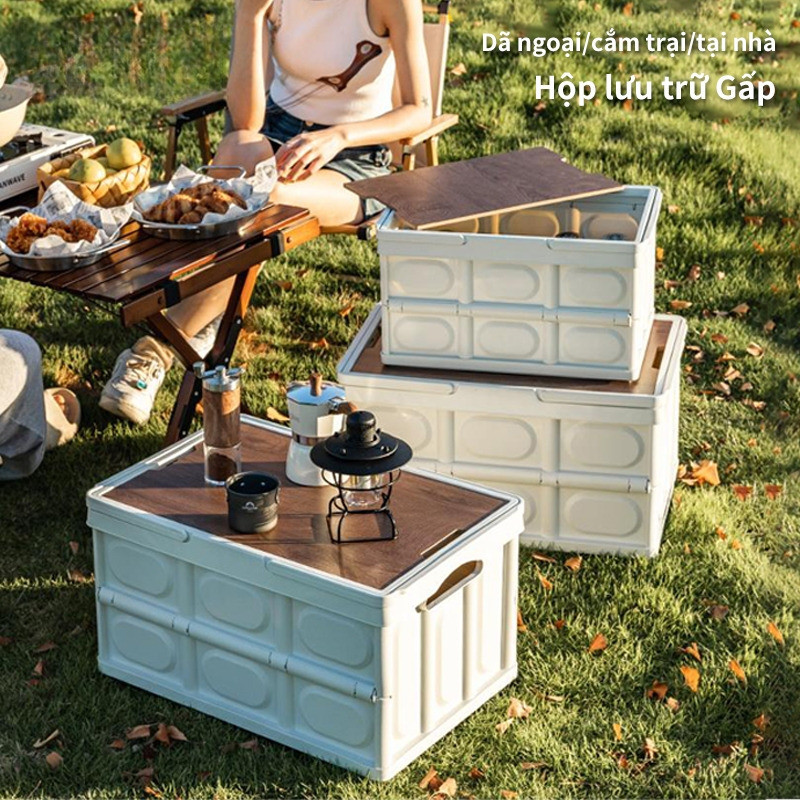 Bàn camping gấp gọn kết hợp hộp đựng đồ đa năng bằng nhựa, nắp gỗ để đi cắm trại, dã ngoại | BigBuy360 - bigbuy360.vn
