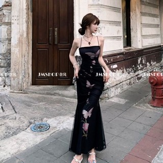 Bướm In Hình Sling Đầm Nữ Hot Girl Retro Hẹp Eo Dây Thiết Kế Đuôi Cá Váy Dài Ôm-