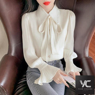 [Sản phẩm mới] Xuân Thu Phong Cách Mới Ngọt Ngào Tính Khí Áo Sơ Mi Dài Tay Nữ Thời Trang Mùa Xuân Nơ Voan Top