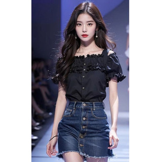 Áo Sơ Mi Ngoài Vai Áo Nữ Mùa Hè Mới Giảm Béo Đen Cổ Vuông Tay Ngắn Ngọt Ngào Gợi Cảm Top