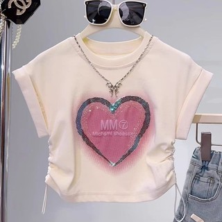 Áo thun bé gái Trung niên Trẻ em Mùa hè Phong cách mới Sequins Dây rút không đều Tình yêu Áo ngắn tay bé gái Áo ngắn tay hợp thời trang