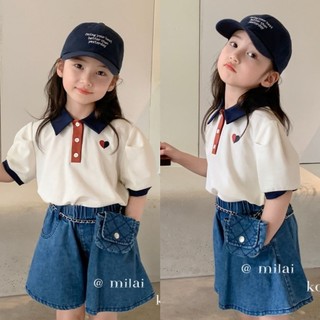 Bộ Đồ Bé Gái Mùa Hè 2024 Thời Trang polo Tay Ngắn Ve Áo Mùa Hè Trẻ Em Quần Short Denim Bé Gái Hai Mảnh Hợp Thời Trang