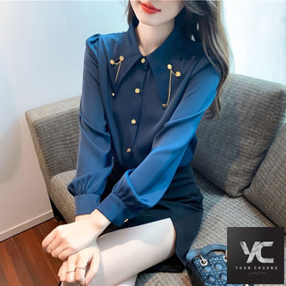 [Sản phẩm mới] Mùa xuân Thu Phong cách mới Áo sơ mi cổ nhọn cao cấp kiểu Pháp Áo sơ mi nữ mùa xuân phong cách phương Tây Áo sơ mi voan dây chuyền thời trang khâu hàng đầu