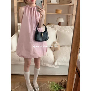 Áo Vest Không Tay Màu Hồng Nữ Mùa Hè Phong Cách Mới Pháp Niche Dây Cổ Pettiskirt Hoa Bud Váy Chữ A Váy