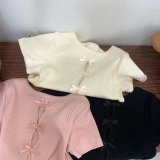 [Sản phẩm mới] Áo thun ngắn tay nơ bé gái phong cách mới cổ tròn dễ thương cho bé