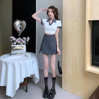M & X ~ [Sẵn Sàng] Phù Hợp Với Nữ Mùa Hè 2024 Phong Cách Mới Thời Trang Phiên Bản Hàn Quốc Cổ Chữ V Áo Sơ Mi polo Tay Ngắn Áo Thun Ngắn Chia Culottes Bộ Đồ Hai Mảnh