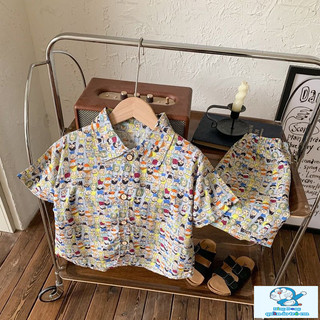 Bộ đồ sơ mi mới dành cho trẻ em đi biển Áo sơ mi hoa dáng rộng dành cho trẻ em Trung nhỏ Quần Short ngắn tay Bộ đồ hai mảnh