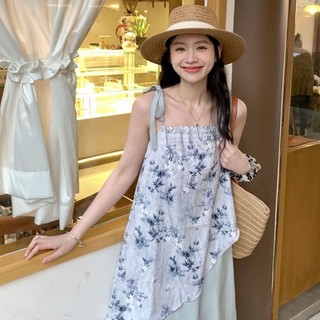 Váy đầm hai dây phối 2 mảnh chéo tà họa tiết cây trúc cổ trang nhẹ nhàng mùa hè hàng Quảng Châu loại 1