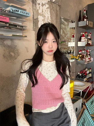 Phong Cách Ngọt Ngào Phù Hợp Với Nữ Nhỏ Tươi Lớp Dệt Kim Áo Vest + Giảm Tuổi Phong Cách Phương Tây Hoa Đáy Áo Sơ Mi Áo Thun Top