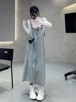 Yếm Denim Dây Đeo Nữ 2024 Mùa Hè Mới Phong Cách Hàn Quốc Eo Cao Sling Váy Liền Thân, Có Bigsize