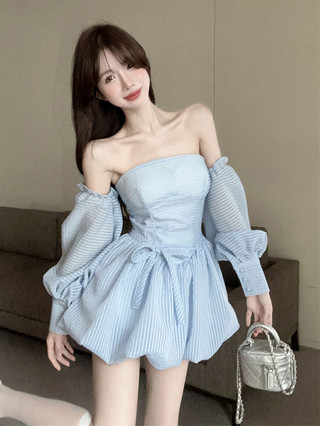 Váy Pure Desire French Spacer Xuân Hè Dáng Cúp Ngực Tay Áo Phồng Trễ, Váy Tùng Bí Xu Hướng Kèm Nơ Buộc Cổ Xinh Xắn Ngọt