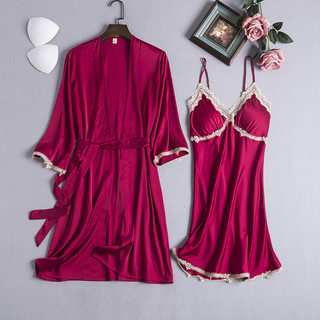 2024 Mới Ice Silk 2 Chiếc Ren Nữ Gợi Cảm Bộ Áo choàng Có Miếng Lót Ngực Cổ Chữ V Áo choàng Tắm Phù Hợp Với