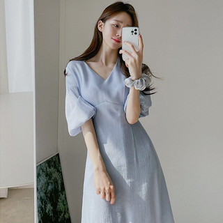 73150 Váy ngắn tay đèn lồng cổ chữ V màu trơn Váy dài