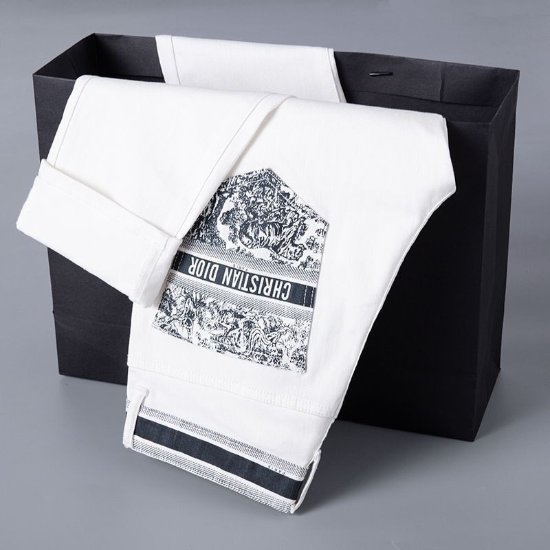 Dior Cao Cấp Ánh Sáng Sang Trọng Trắng Xuân Thu Quần Jean Nam Thêu Phổ Biến Quần Thẳng Mỏng Đa Năng 