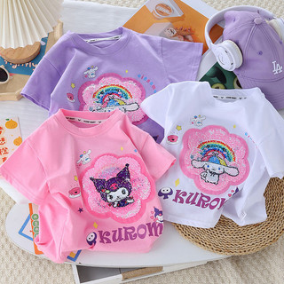 Áo Thun Bé Gái Tay Ngắn Cotton Nguyên Chất Mùa Hè 2024 Phong Cách Mới Bán Chạy Thời Trang Đổi Màu Kuromi Sequins Bé Gái Dễ Thương