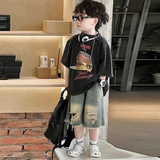 Bé Trai Mùa Hè 2024 Phong Cách Mới Tay Ngắn Phù Hợp Với Denim Ống Rộng Năm-