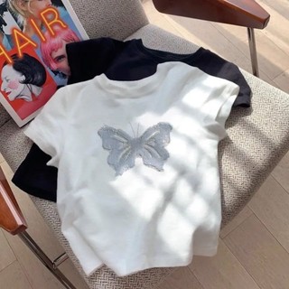 Áo thun nữ Cotton nguyên chất in hình bướm Mỹ ngắn tay Niche phù hợp cho mọi trận đấu