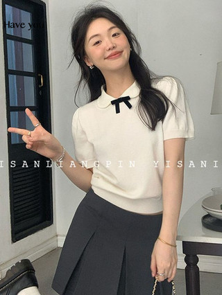 Ngọt Nơ Ngắn Tay Dệt Kim Nữ Mùa Hè Phong Cách Mới Nhỏ Ngắn Cổ Búp Bê Mỏng Hơn Nhìn Áo Chui Đầu Top
