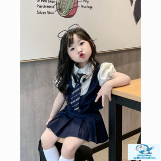 [Sản phẩm mới] Bộ đồ bé gái Phong cách Preppy Trẻ em Váy xếp ly cho bé Áo sơ mi có ve áo màu trắng Tie Vest