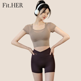 Fit HER Bộ áo tập thể dục và tập thể dục Pilates mùa hè phù hợp với áo tập Yoga đệm ngực, áo thun ngắn tay thể thao cao cấp