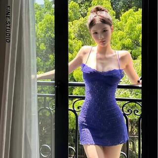 Pure Desire Gợi Cảm Niche Xanh Ren Không Tay Camisole Váy Ngắn Tính Khí Váy Kỳ Nghỉ Pháp