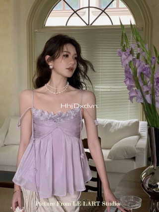 Phong Cách Pháp Thanh Lịch Pure Desire Gợi Cảm Sling Mùa Hè Phong Cách Mới Ren Cao Cấp Lông Tơ Áo Sơ Mi Nhỏ Ruy Băng Trẻ Top Nữ