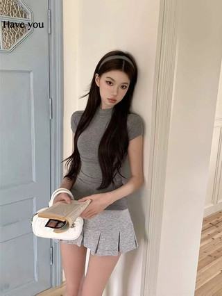Pure Desire Slim-fit Cổ Tròn Ngắn Tay Áo Thun Nữ Skinny Ôm Hơn Nhìn Đáy Áo Sơ Mi Hot Girl All-