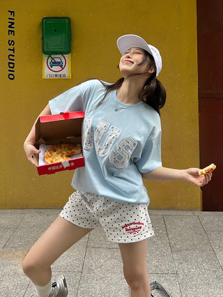 Mỹ Retro Phong Cách Khuôn Viên Trường Khẩu Hiệu Thêu Chấm Bi Nữ ins Hợp Thời Trang Slim-fit Quần Short Thường Ngày