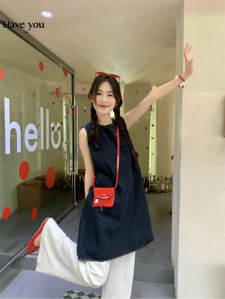 Retro Rửa Áo Vest Không Tay Denim Đầm Nữ Mùa Hè 2024 Phong Cách Mới Nhỏ Rời Sang Trọng Cổ Tròn Đầm