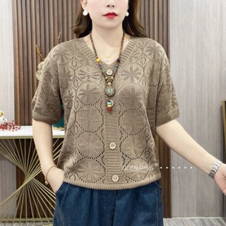 Áo thun dệt kim Áo len dệt kim cổ chữ V [giảm giá 24%] Mẹ mặc áo len dệt kim rỗng Người cao tuổi trung niên dành cho nữ V