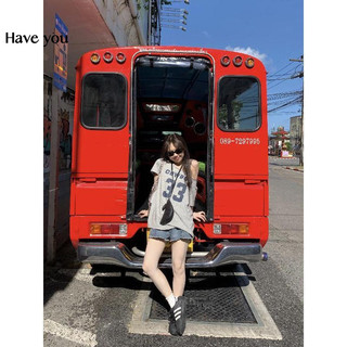 Mỹ Retro Cô Gái Nóng Hình Chữ Thập Cổ Áo Thun In Hình Nữ Mùa Hè Phong Cách Mới Lười Phong Cách Rời Tất Cả Trận Đấu Áo Chui Đầu