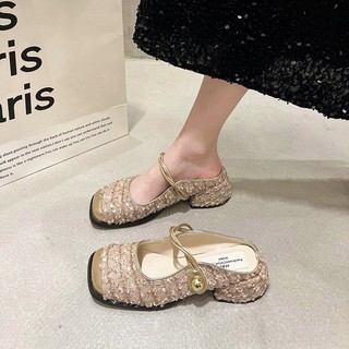 Baotou Sequined Vải Nửa Dép Nữ Phong Cách Mới Giày Sandal Gót Dày