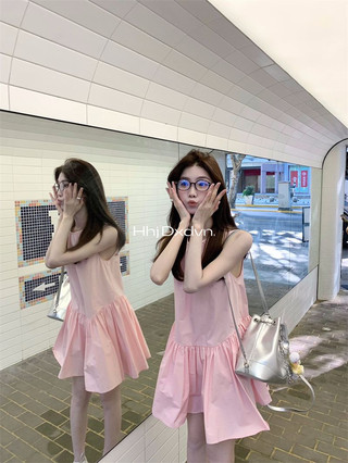 Ngọt Ngào Ren Xếp Ly Đầm Nữ Mùa Hè Phong Cách Mới Màu Hồng Cao Cấp Eo Ôm Hơn Nhìn Tất Cả Trận Đấu Váy Không Tay