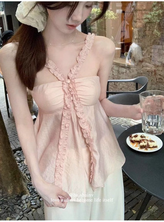 Whbyzwhcb Peach Heart Cánh hoa Dây cổ Tencel Top