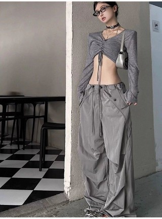 Quần yếm màu xám Nữ Mùa hè Mỏng Cao Cấp Chân Rộng Thẳng Thiết Kế Thường Ngày Cảm Thấy Nhanh Khô Mỹ Retro Quần Thể Thao