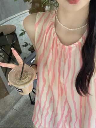 Áo sơ mi không tay voan sọc màu hồng 71796
