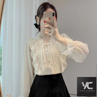  Mới Phong Cách Trung Hoa Khóa Pháp Xù Ren Nhẹ Nhàng Áo Sơ Mi Voan Thiết Kế Mới Áo Sơ Mi Nhỏ Thời Trang Top