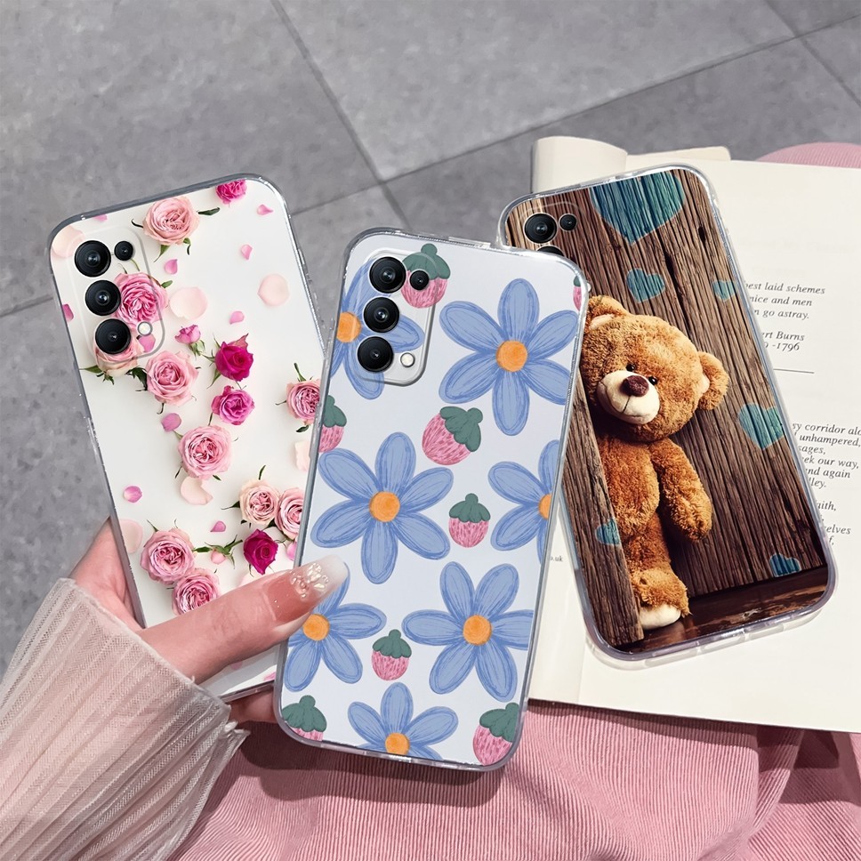 Dành Cho OPPO Reno5 4G 5G Reno 5 Pro Plus Ốp lưng Hoa Cúc Gấu Hoa Hồng Mềm Ốp Lưng TPU Trong Suốt Silicon Nhẹ Chống Sốc Bảo Vệ Mặt Sau Nhà Ở