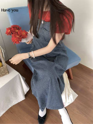 Bộ Đồ Retro Nữ Đỏ Tay Ngắn Dệt Kim Mùa Hè Sọc Dây Denim Bộ Hai Mảnh