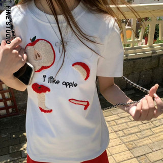 Mùa Hè Phong Cách Mới Retro ins Rời Mặt Trước Khăn Thêu Áo Thun Apple Cắt Lát Tay Ngắn