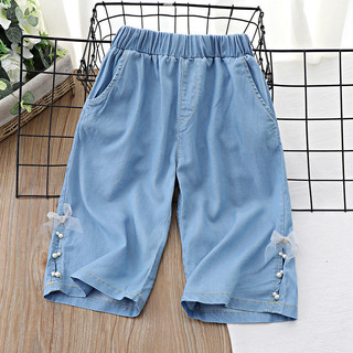 Quần Short Bé Gái Mùa Hè Mặc Ngoài Mỏng Denim Crop Quần Giữa Quần Lớn Trẻ Em Mùa Hè Băng Lụa Thời Trang Trẻ Em Quần Ống Rộng
