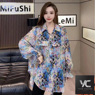  Áo sơ mi in hình dáng rộng hai túi phong cách mới mùa hè vừa vặn thông thường hơi trong suốt khô chống hoa