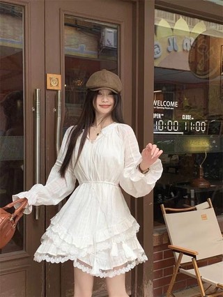 Thời Trang Mùa Mới Nhất Ngọt Ngào Mối Tình Đầu Trăm Đáp Màu Trắng Siêu Tiên Thu Eo Lộ Ra Gầy Tay Áo Đầm Nữ Trào Lưu