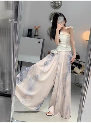 M & X ~ Culottes ống rộng in mực nữ cạp cao Drape Slimer Look Casual Pants New Culottes