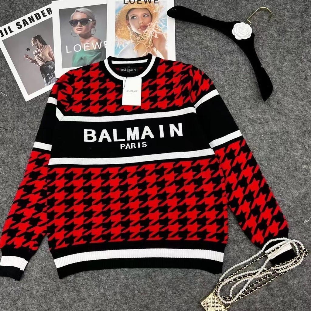 Balmain [Hình gốc và chụp thật] Thương hiệu hợp thời trang Balmain Houndstooth Letter Jacquard Retro Áo len dày Sweate
