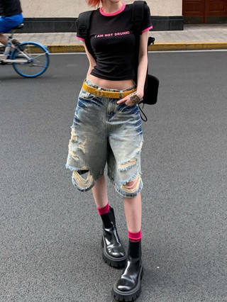  Jamaisvu Millennium Hot Girl Rách Năm Điểm Thẳng Denim Quần Short Nữ Đường Phố Rời Ôm Hơn Nhìn Độc Đáo W 