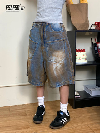 Mùa hè Mỹ Retro Rời Denim Phong Cách Ngắn Nam Nữ Cùng Phong Cách Phù Hợp Với Quần Crop Thường Ngày