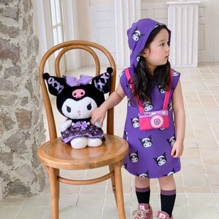 [Khuyến mãi] Váy thường ngày có mũ trùm đầu thời trang Kuromi mùa hè in đầy đủ hoạt hình cho bé gái Váy trẻ em thời trang