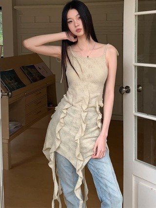 Khâu Đầm Sling Thiết Kế Niche Váy Ngắn Không Đều Slim-fit Phù Hợp Với Nữ