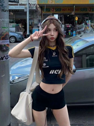 Mỹ Retro Tương Phản Màu Sắc Khâu Sọc Trang Trọng Vai Ngắn Tay Áo Thun Nữ Mùa Hè Slim-Fit Ngọt Sp